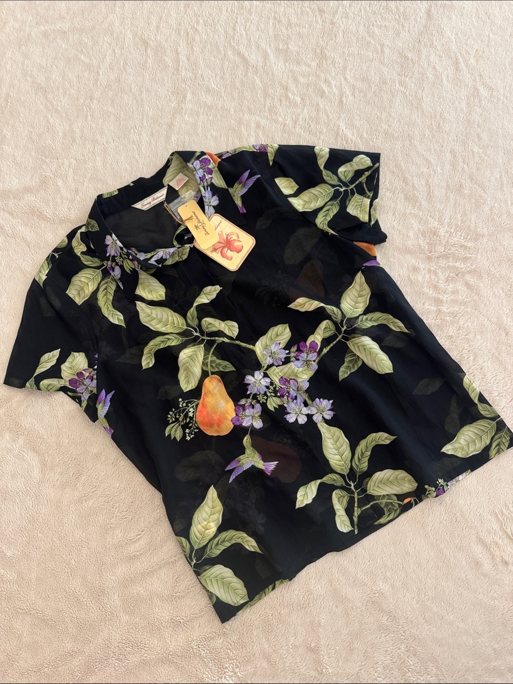 Tommy Bahama NWT Black Floral & Pear Print Short-Sleeve Silk/Cotton Blouse